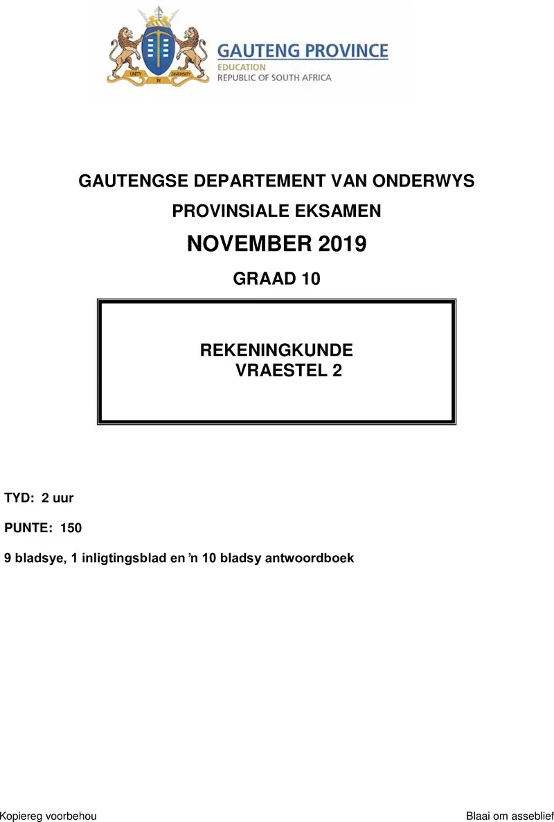 Grade 10 Provincial Exam Accounting P2 Afr November 2019 QP