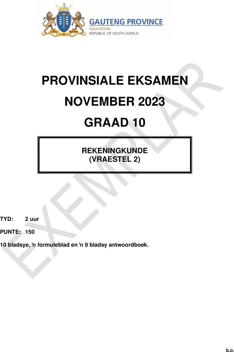 Grade 10 Provincial Exam Accounting P2 Afr November 2023 QP
