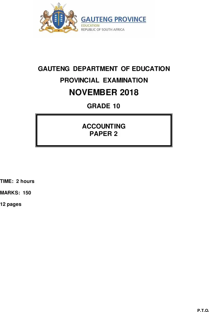 Grade 10 Provincial Exam Accounting P2 Ng November 2018 QP