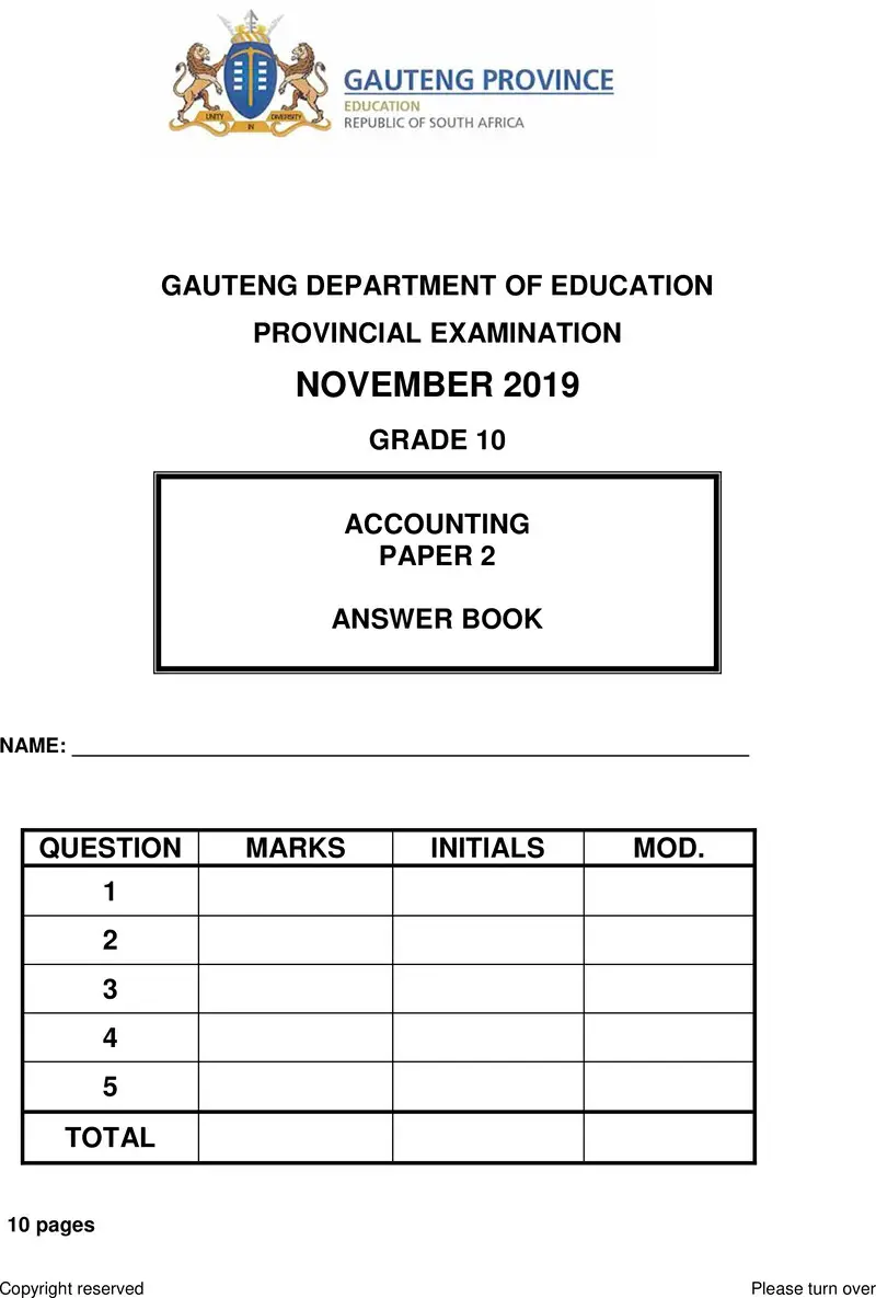 Grade 10 Provincial Exam Accounting P2 Ng November 2019 Answer Book