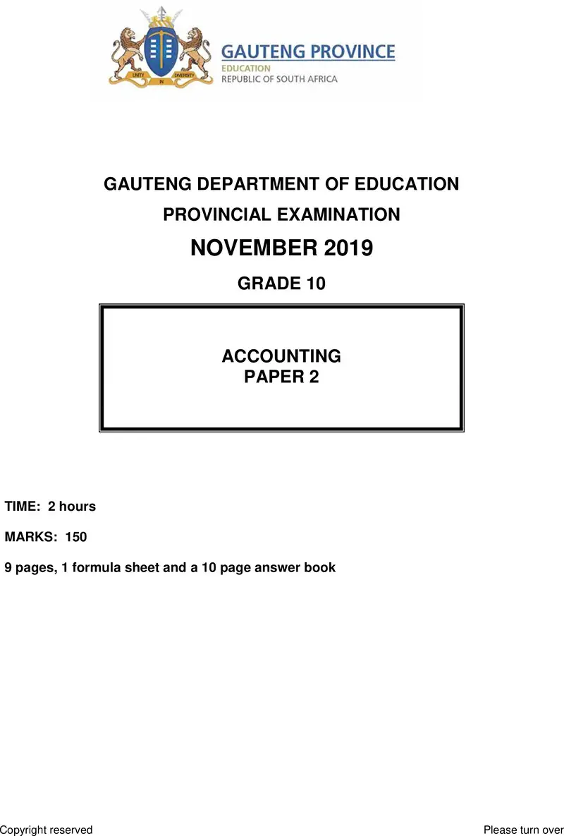 Grade 10 Provincial Exam Accounting P2 Ng November 2019 QP