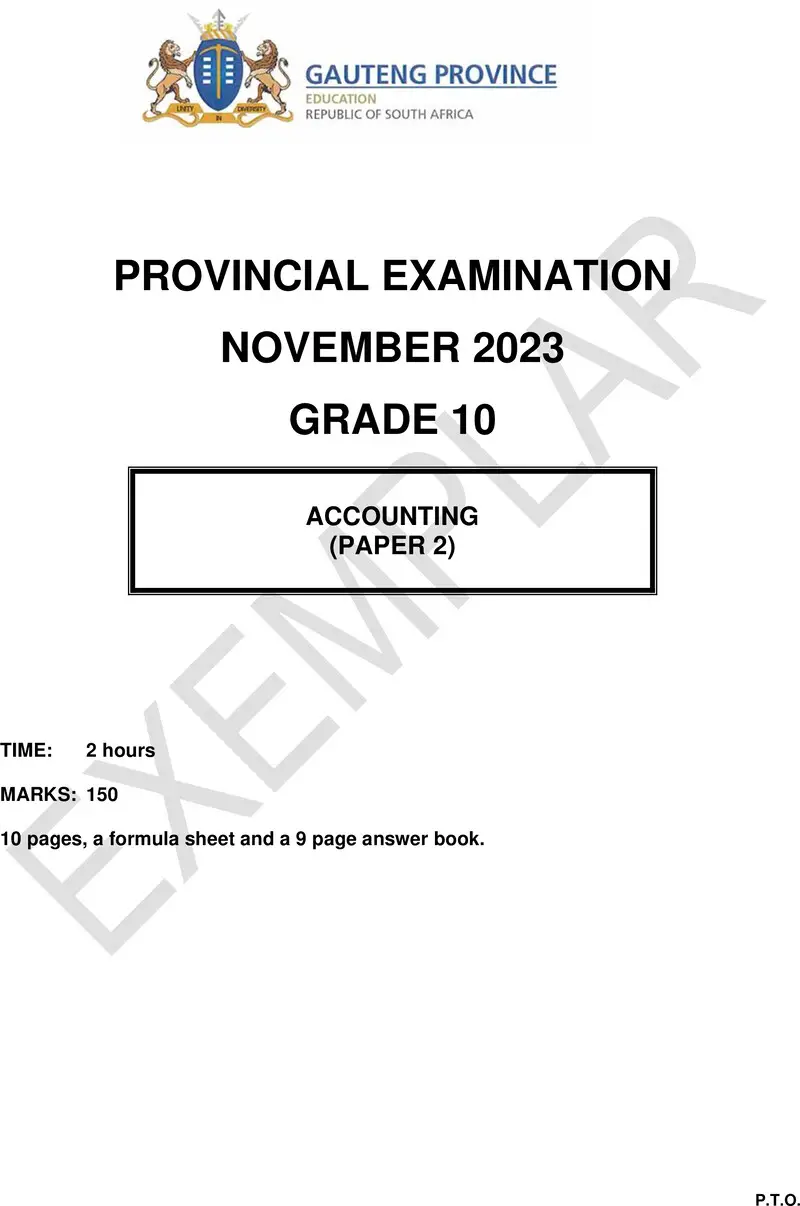 Grade 10 Accounting past paper 2023 – grade 10 provincial exam accounting p2 ng november 2023 qp