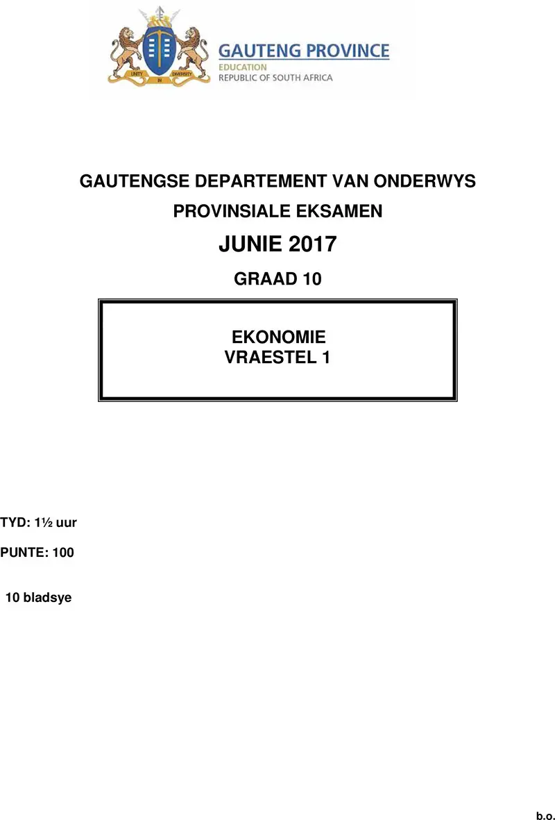 Grade 10 Provincial Exam Economics P1 Afr June 2017 QP