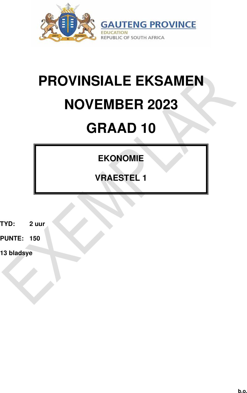 Grade 10 Provincial Exam Economics P1 Afr November 2023 QP