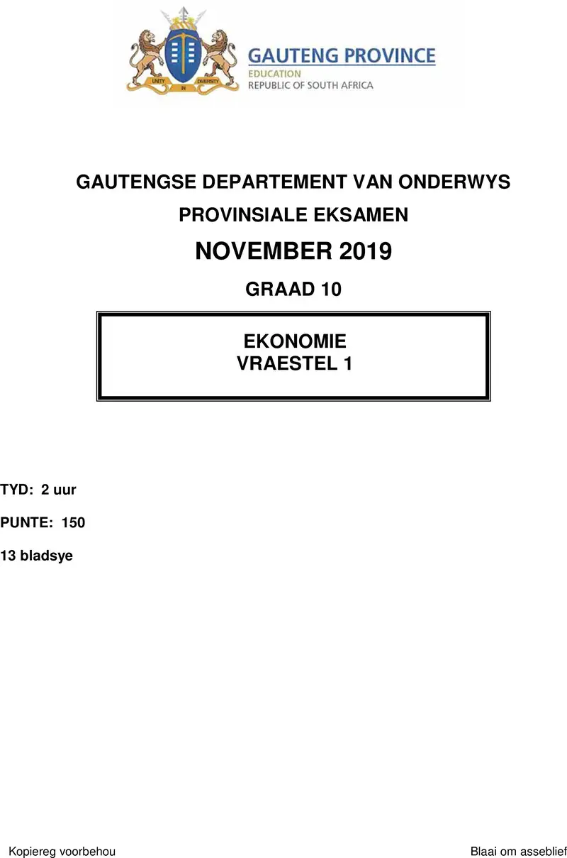 Grade 10 Provincial Exam Economics P1 Afr QP