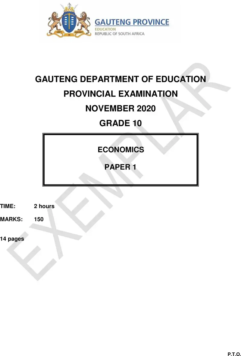 Grade 10 Provincial Exam Economics P1 Ng 2020 Exemplars QP