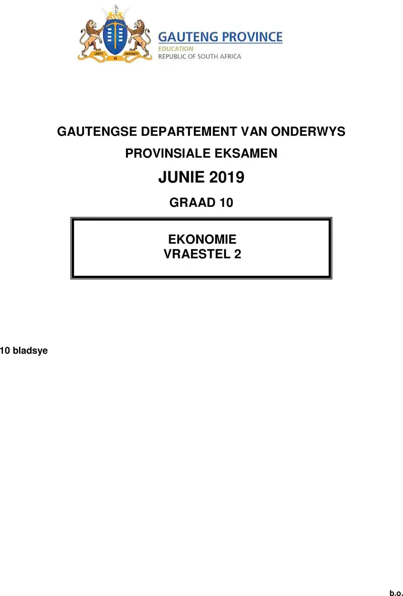 Grade 10 Provincial Exam Economics P2 Afr June 2019 QP