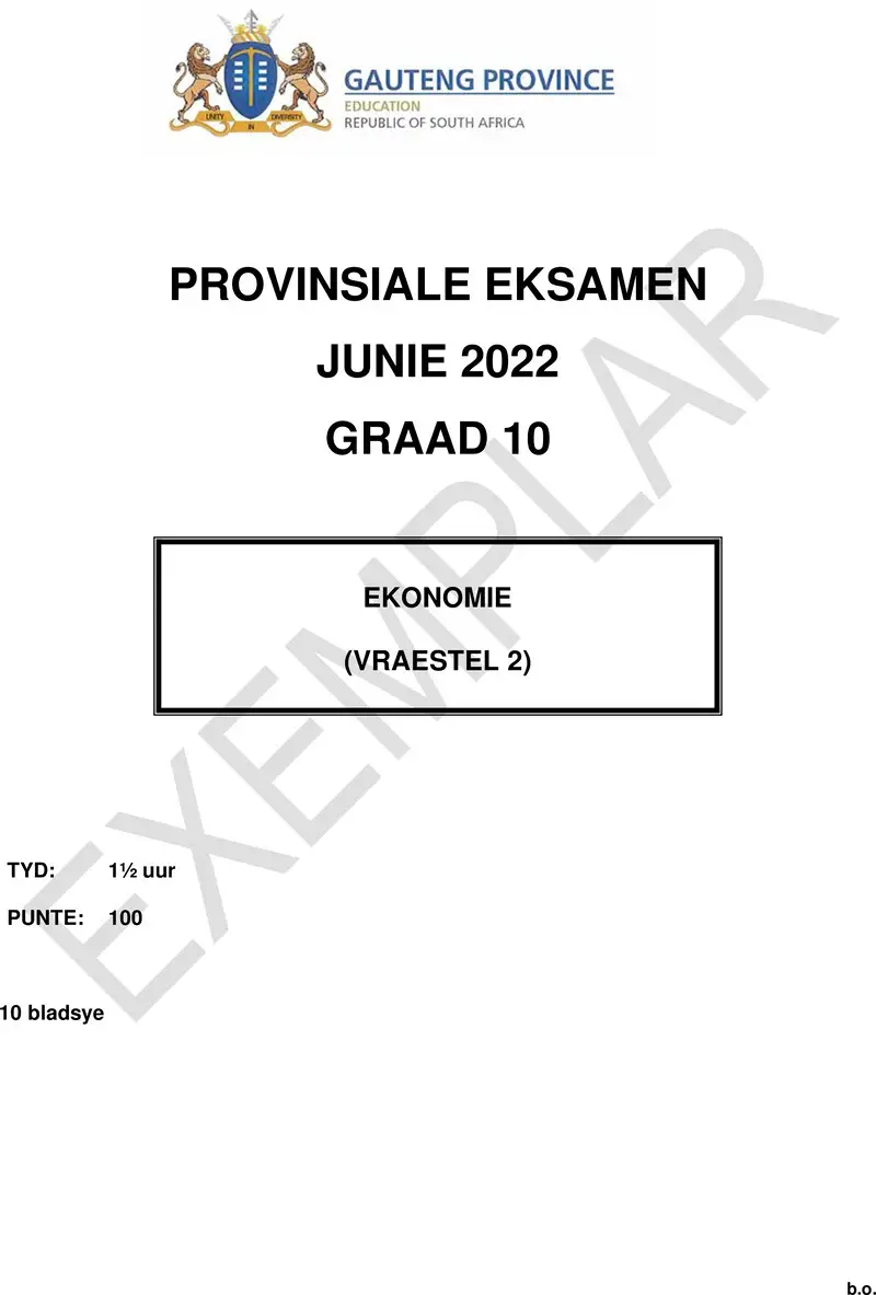 Grade 10 Provincial Exam Economics P2 Afr June 2022 QP