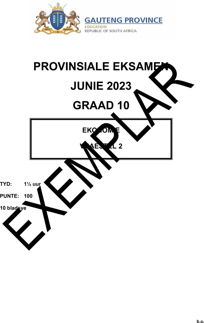 Grade 10 Provincial Exam Economics P2 Afr June 2023 QP