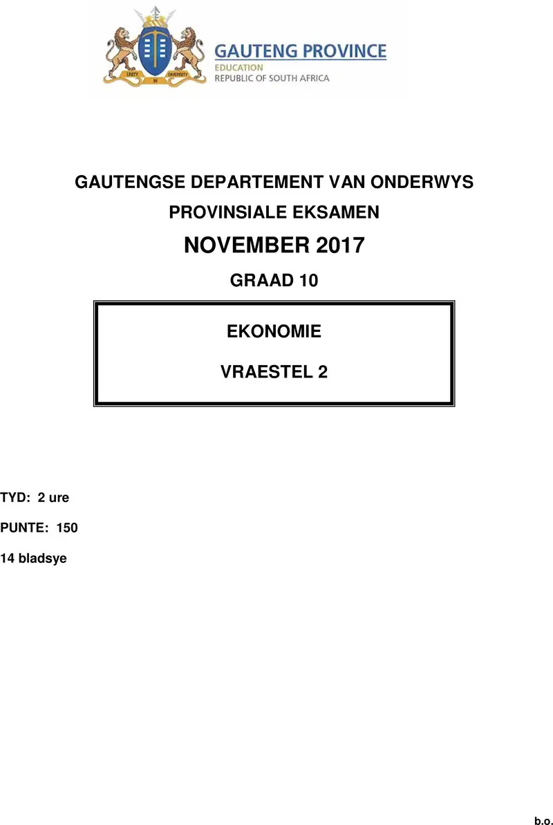 Grade 10 Provincial Exam Economics P2 Afr November 2017 QP