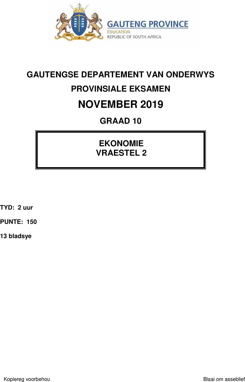 Grade 10 Provincial Exam Economics P2 Afr November 2019 QP