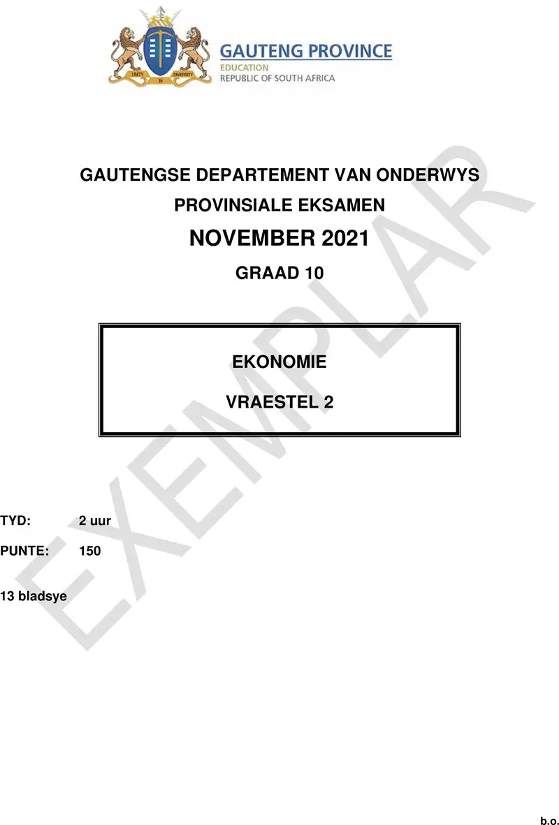 Grade 10 Provincial Exam Economics P2 Afr November 2021 QP