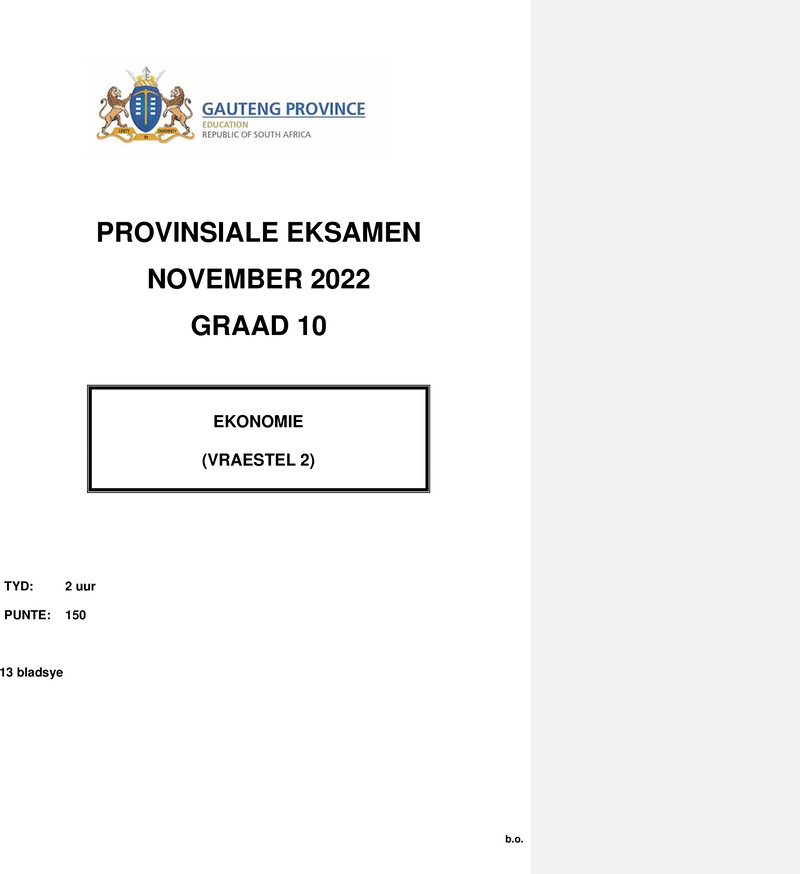 Grade 10 Economics past paper 2022 – grade 10 provincial exam economics p2 afr november 2022 qp