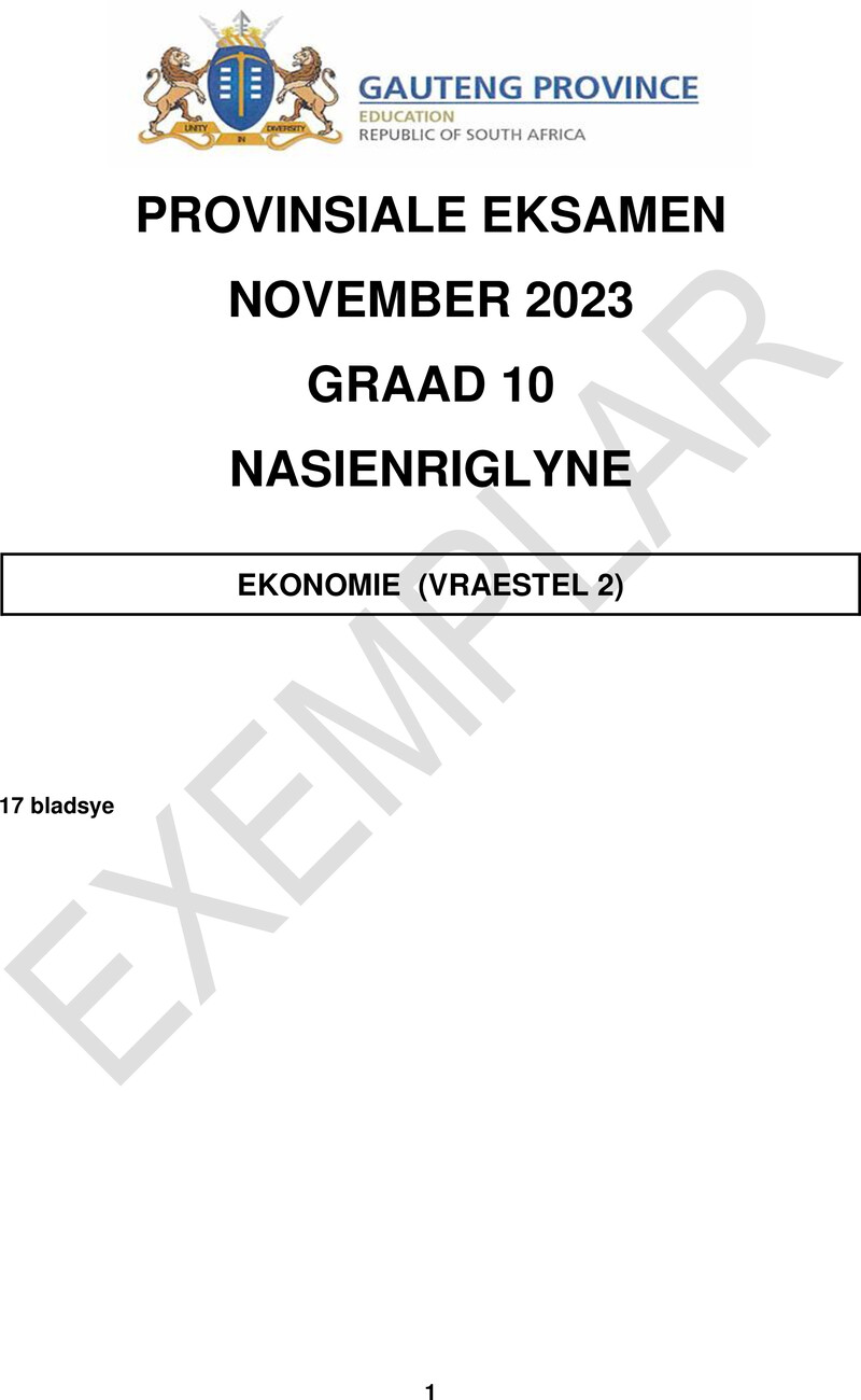 Grade 10 Provincial Exam Economics P2 Afr November 2023 QP