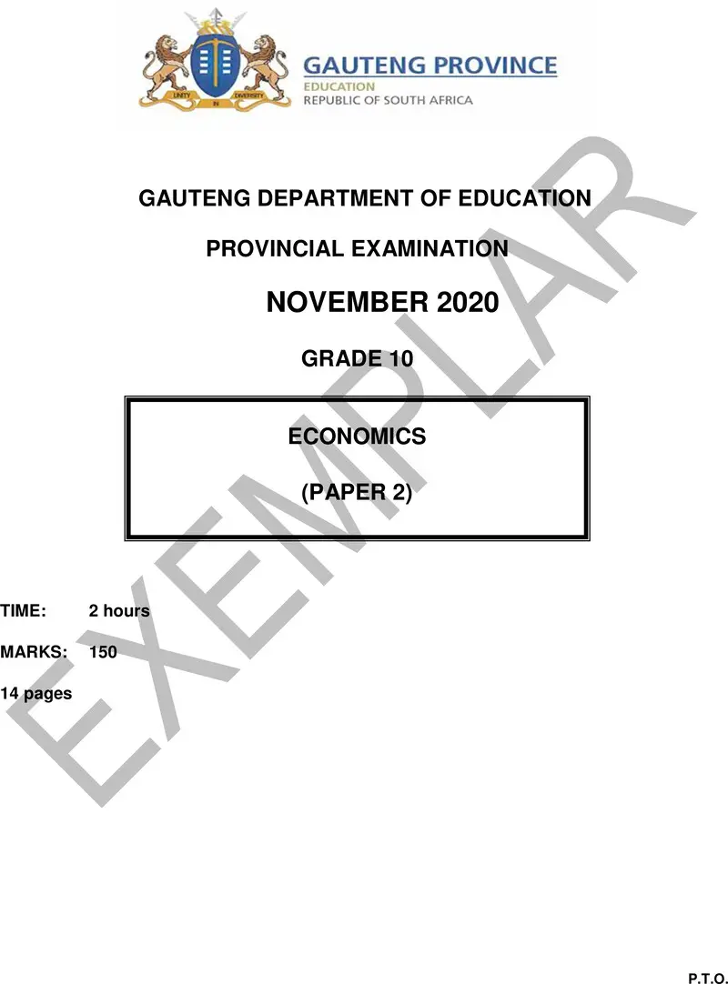 Grade 10 Provincial Exam Economics P2 Ng 2020 Exemplars QP