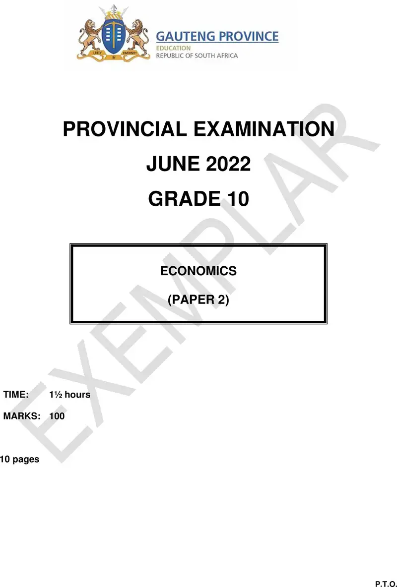 Grade 10 Provincial Exam Economics P2 Ng June 2022 QP
