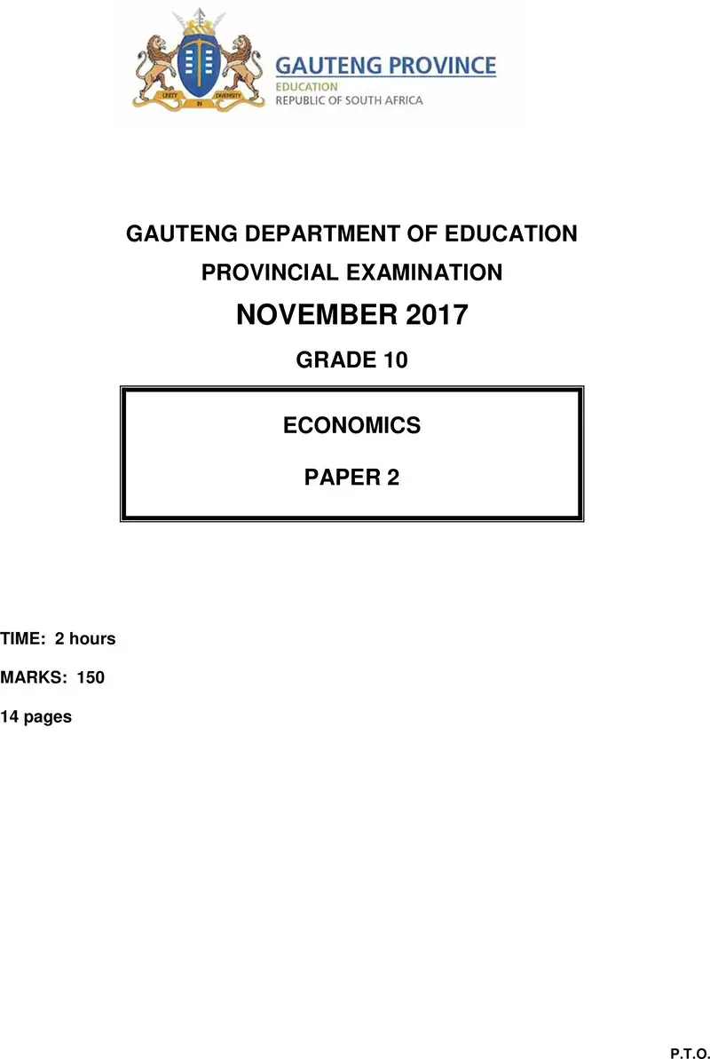 Grade 10 Provincial Exam Economics P2 Ng November 2017 QP
