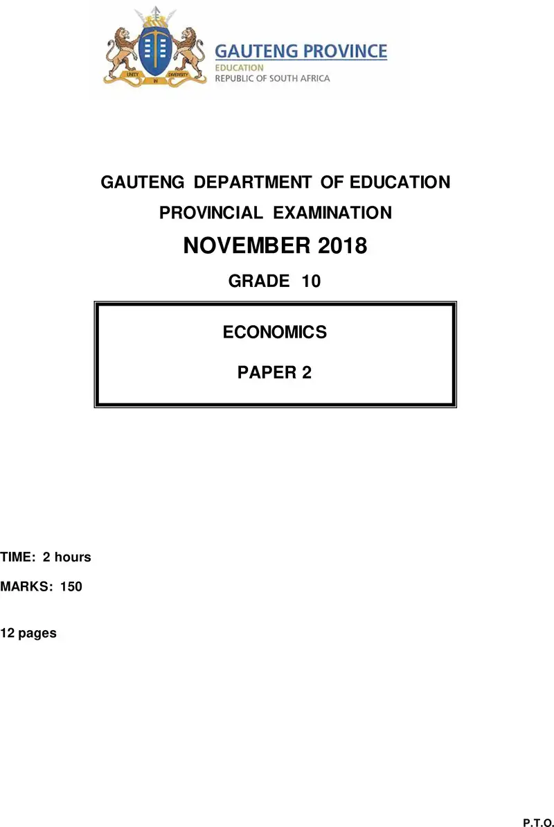 Grade 10 Provincial Exam Economics P2 Ng November 2018 QP
