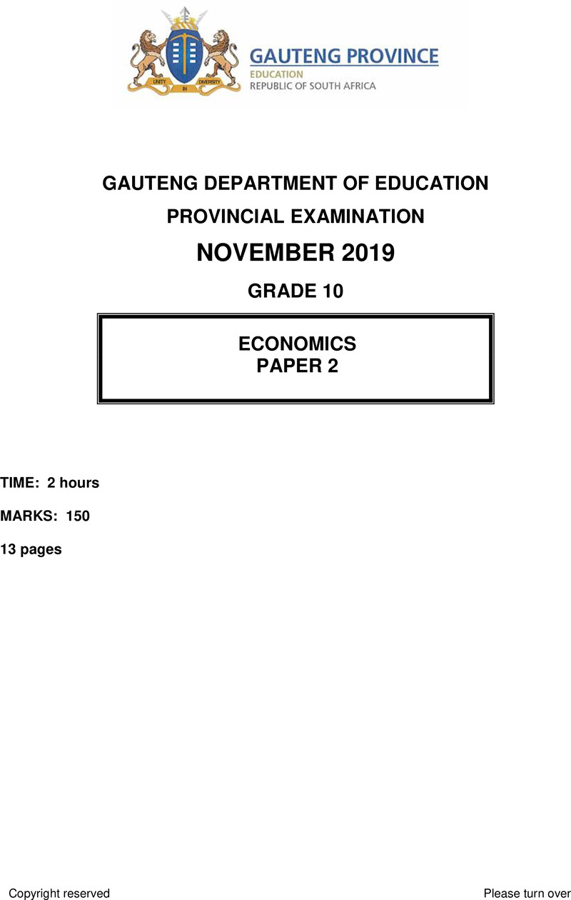 Grade 10 Provincial Exam Economics P2 Ng November 2019 QP