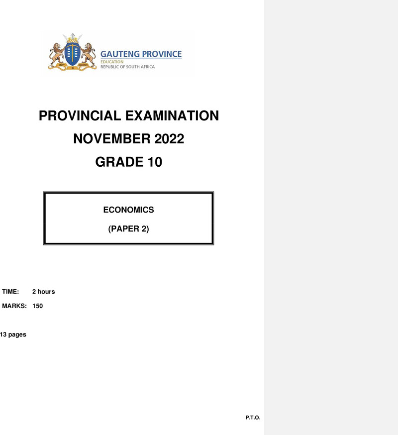 Grade 10 Provincial Exam Economics P2 Ng November 2022 QP