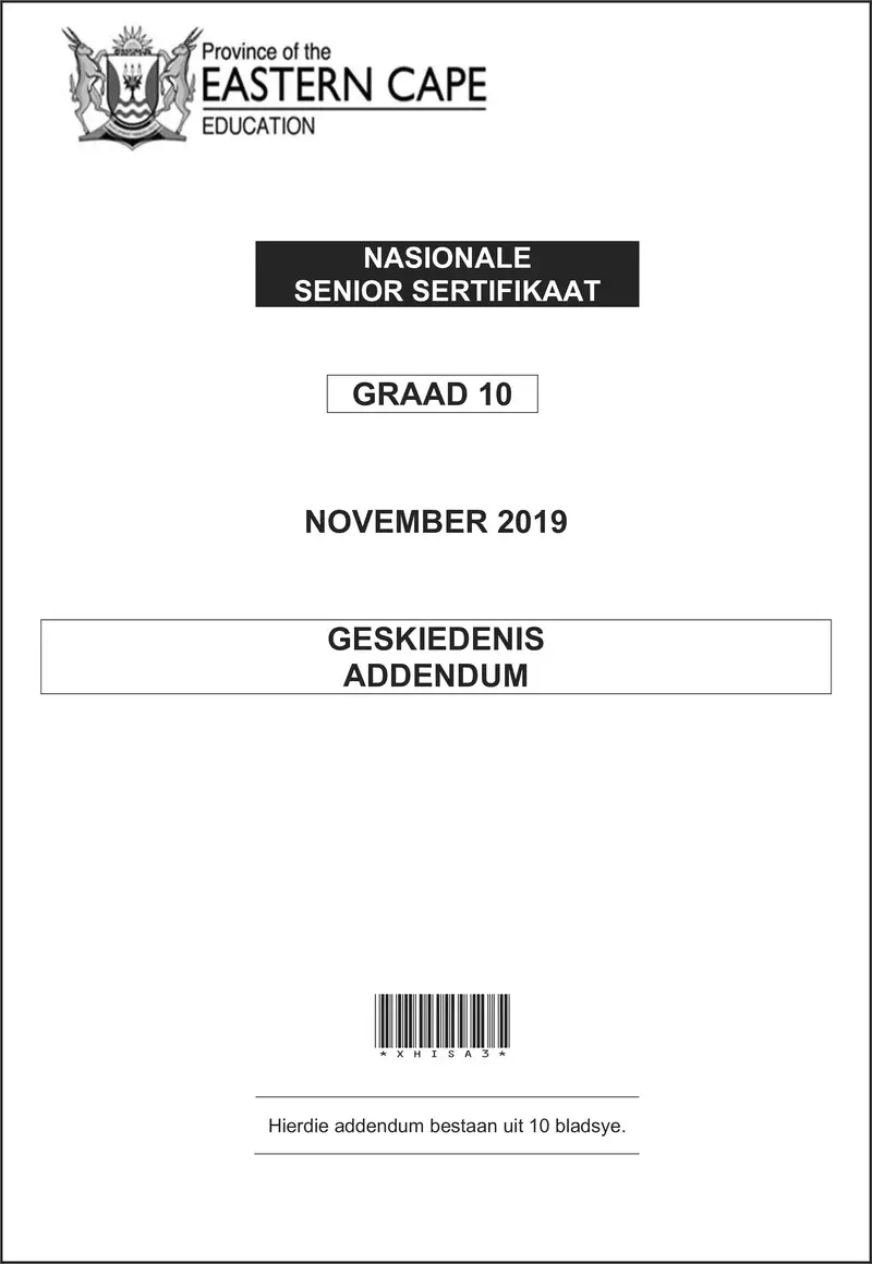 Grade 10 Provincial Exam History Afr November 2019 Addendum
