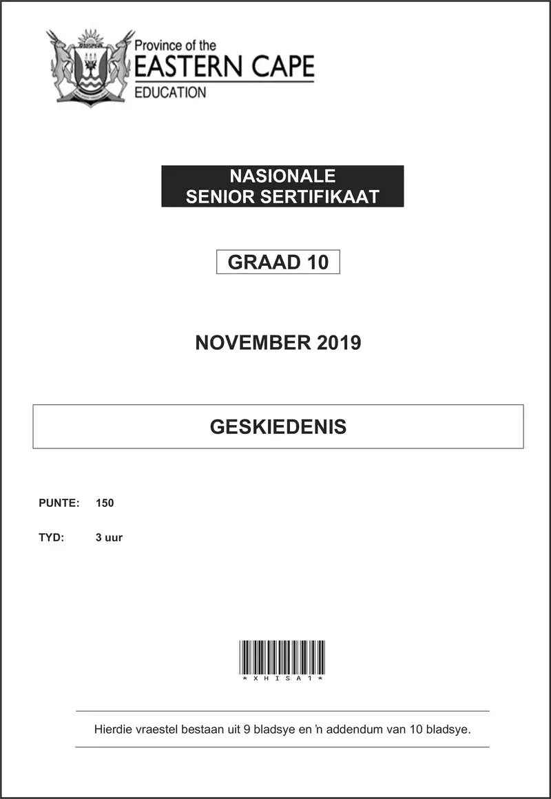 Grade 10 Provincial Exam History Afr November 2019 QP