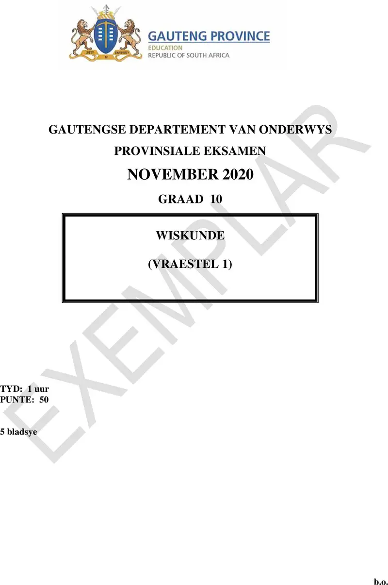 Grade 10 Provincial Exam Mathematics P1 Afr 2020 Exemplars QP