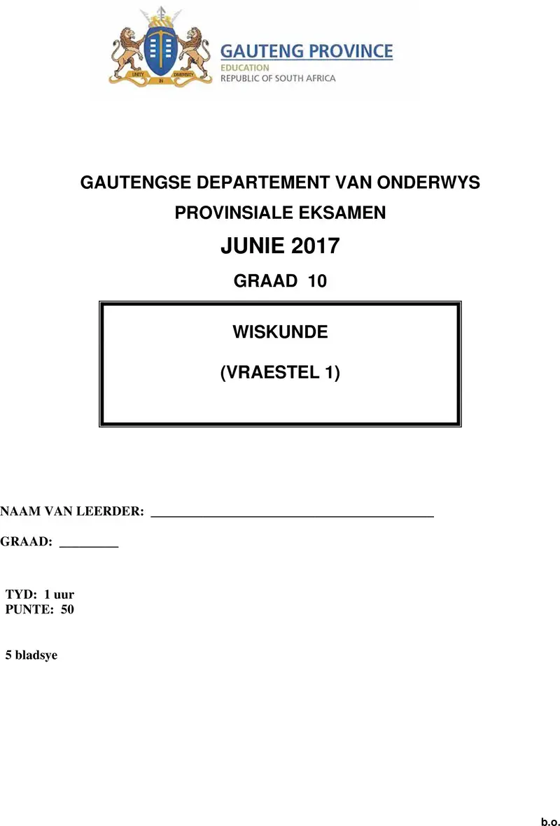 Grade 10 Provincial Exam Mathematics P1 Afr June 2017 QP