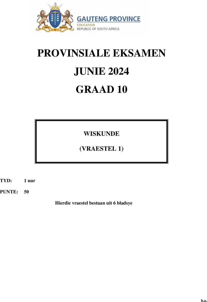 Grade 10 Mathematics past paper 2024 – grade 10 provincial exam mathematics p1 afr june 2024 qp