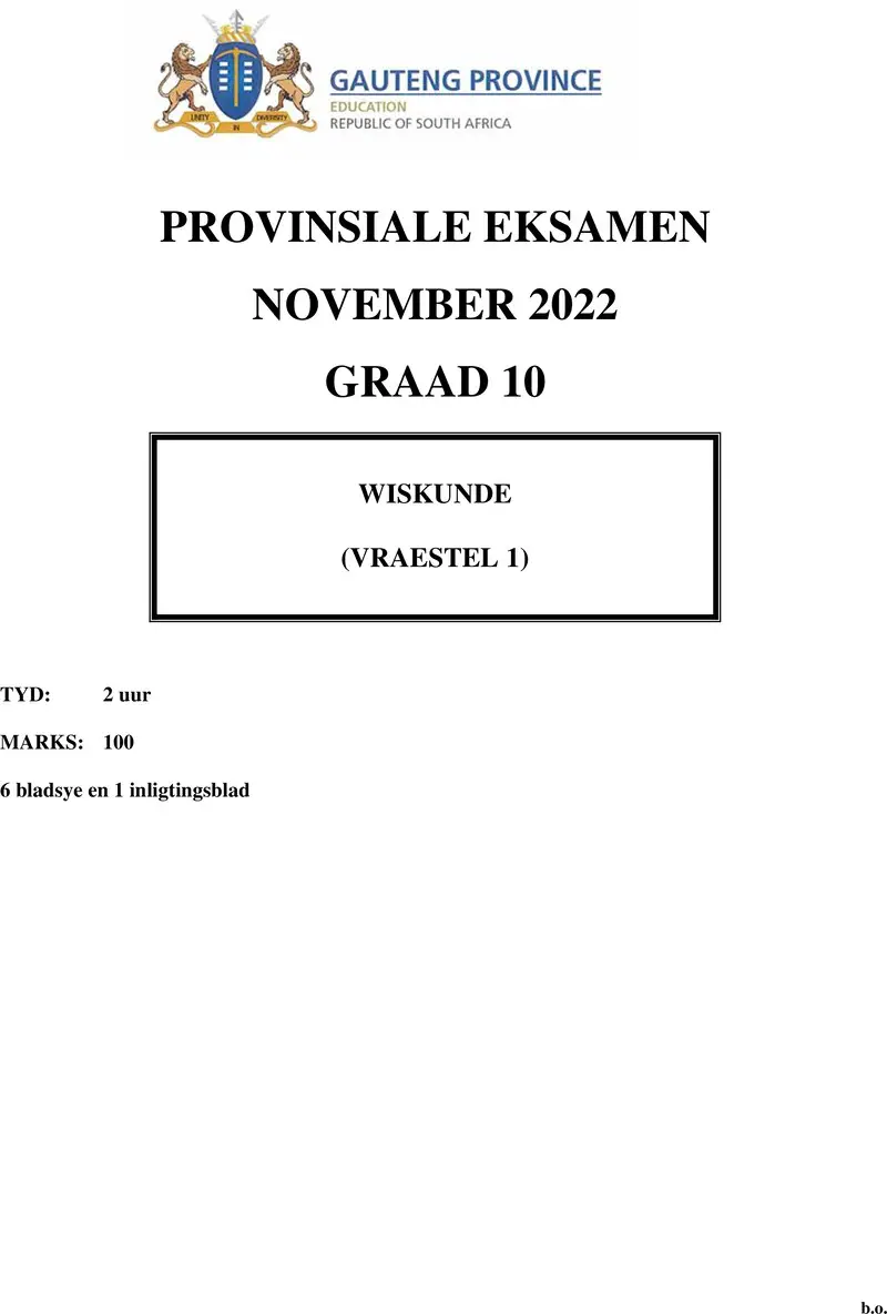 Grade 10 Mathematics past paper 2022 – grade 10 provincial exam mathematics p1 afr november 2022 qp