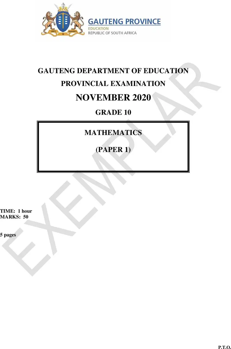 Grade 10 Provincial Exam Mathematics P1 Ng 2020 Exemplars QP