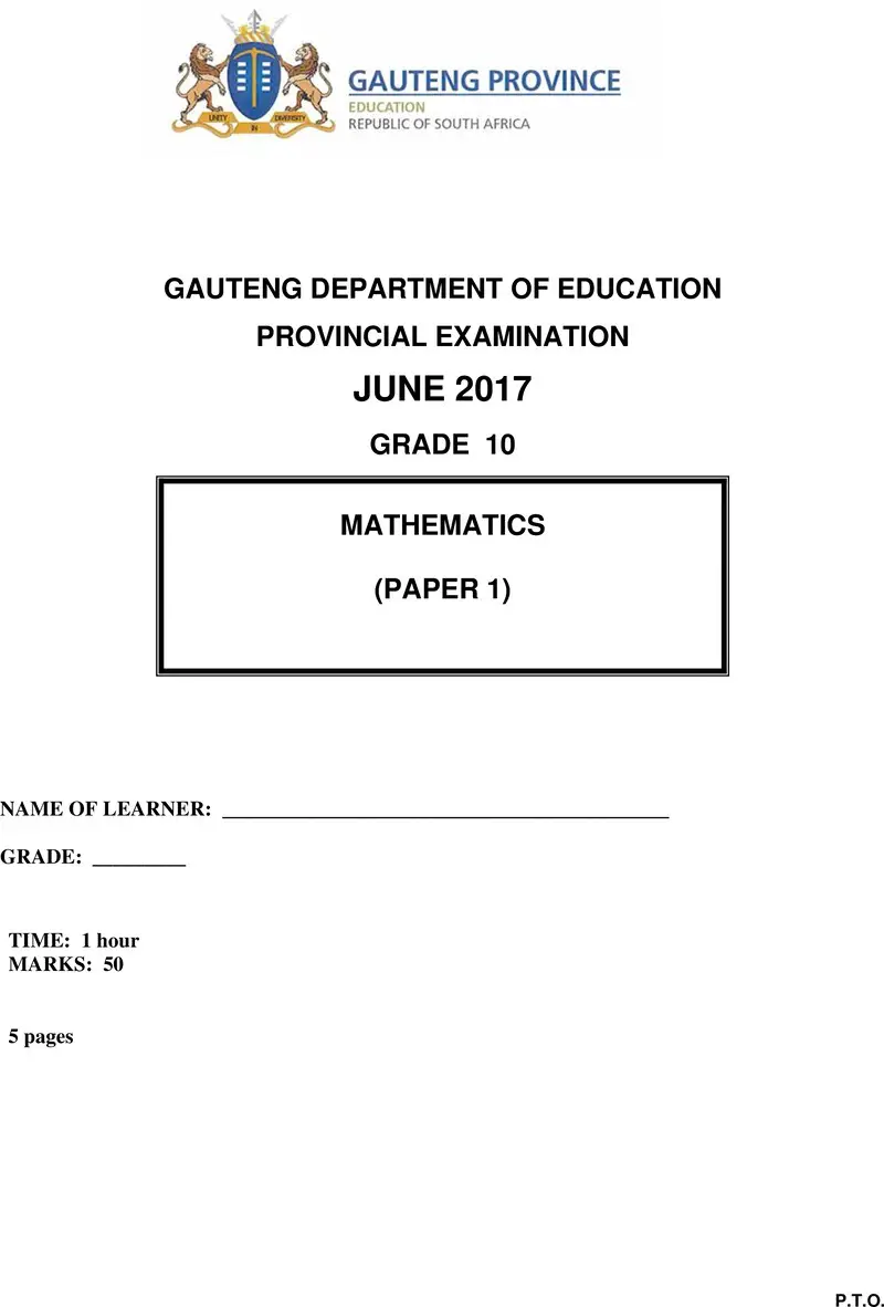 Grade 10 Provincial Exam Mathematics P1 Ng June 2017 QP