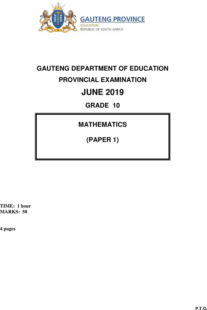 Grade 10 Provincial Exam Mathematics P1 Ng June 2019 QP