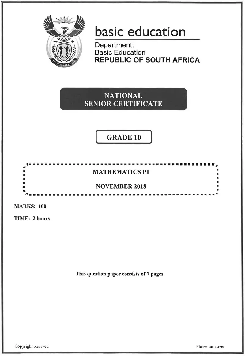 Grade 10 Provincial Exam Mathematics P1 Ng November 2018 QP
