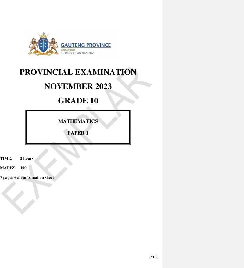 Grade 10 Mathematics past paper 2023 – grade 10 provincial exam mathematics p1 ng november 2023 qp