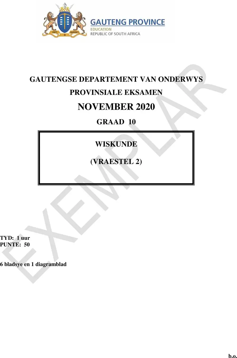 Grade 10 Mathematics past paper 2020 – grade 10 provincial exam mathematics p2 afr 2020 exemplars qp