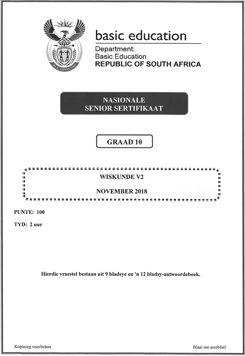Grade 10 Provincial Exam Mathematics P2 Afr November 2018 QP