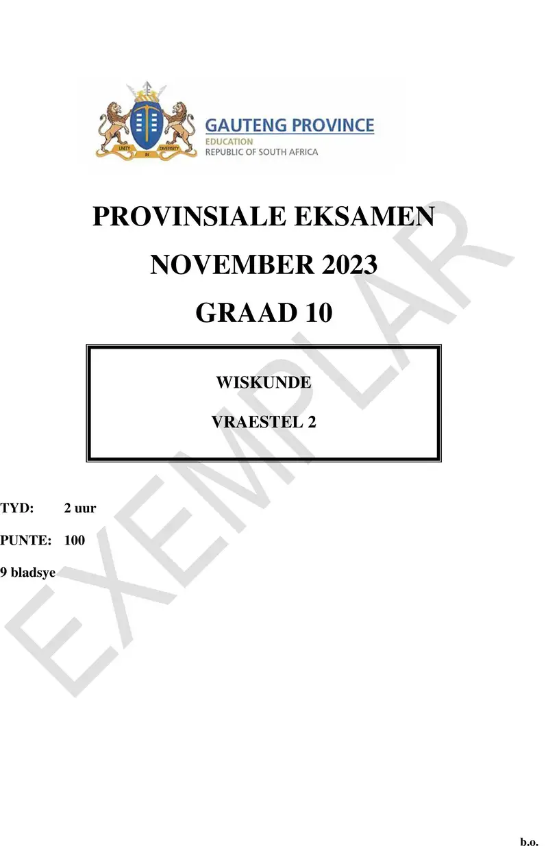 Grade 10 Provincial Exam Mathematics P2 Afr November 2023 QP