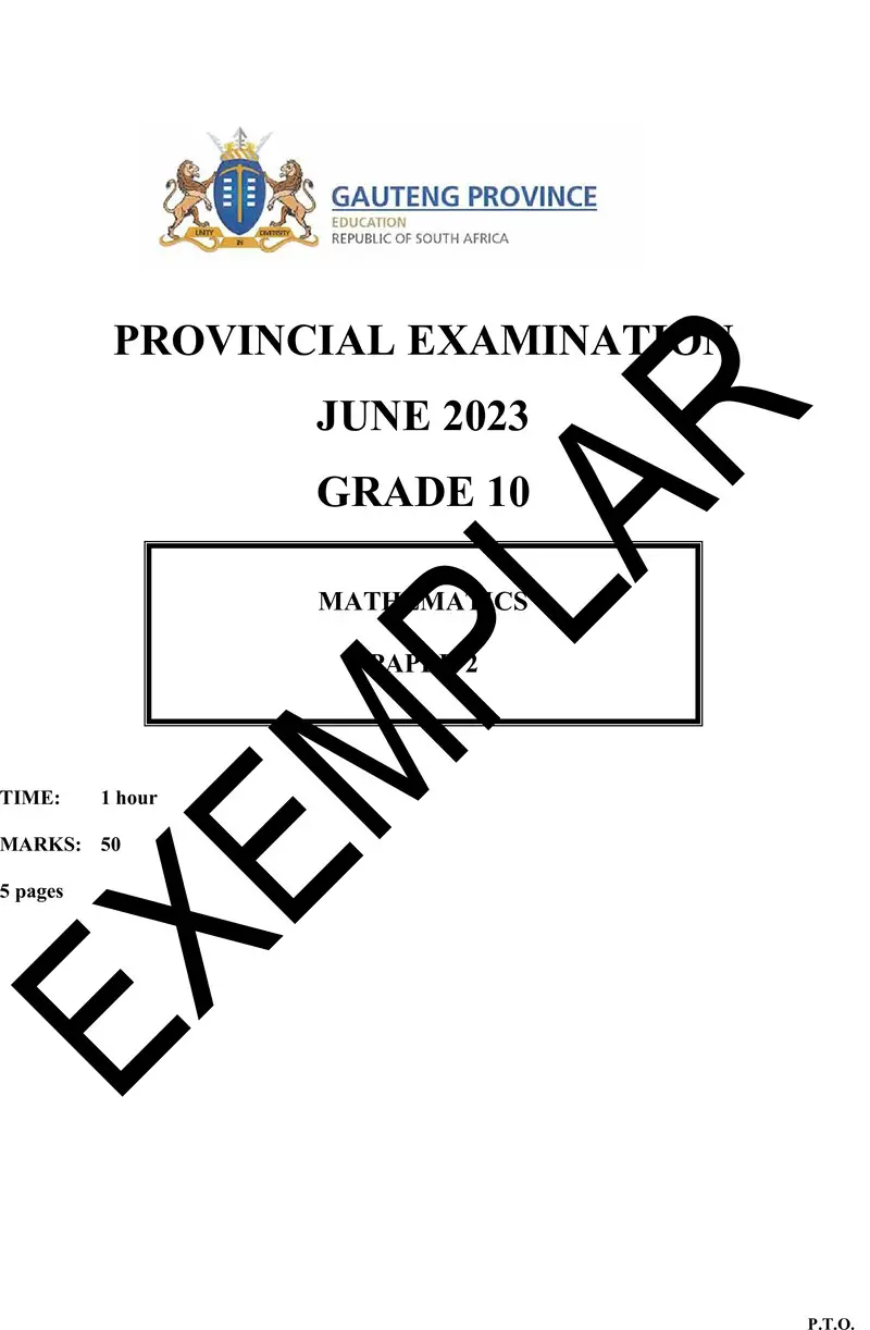 Grade 10 Provincial Exam Mathematics P2 Ng June 2023 QP