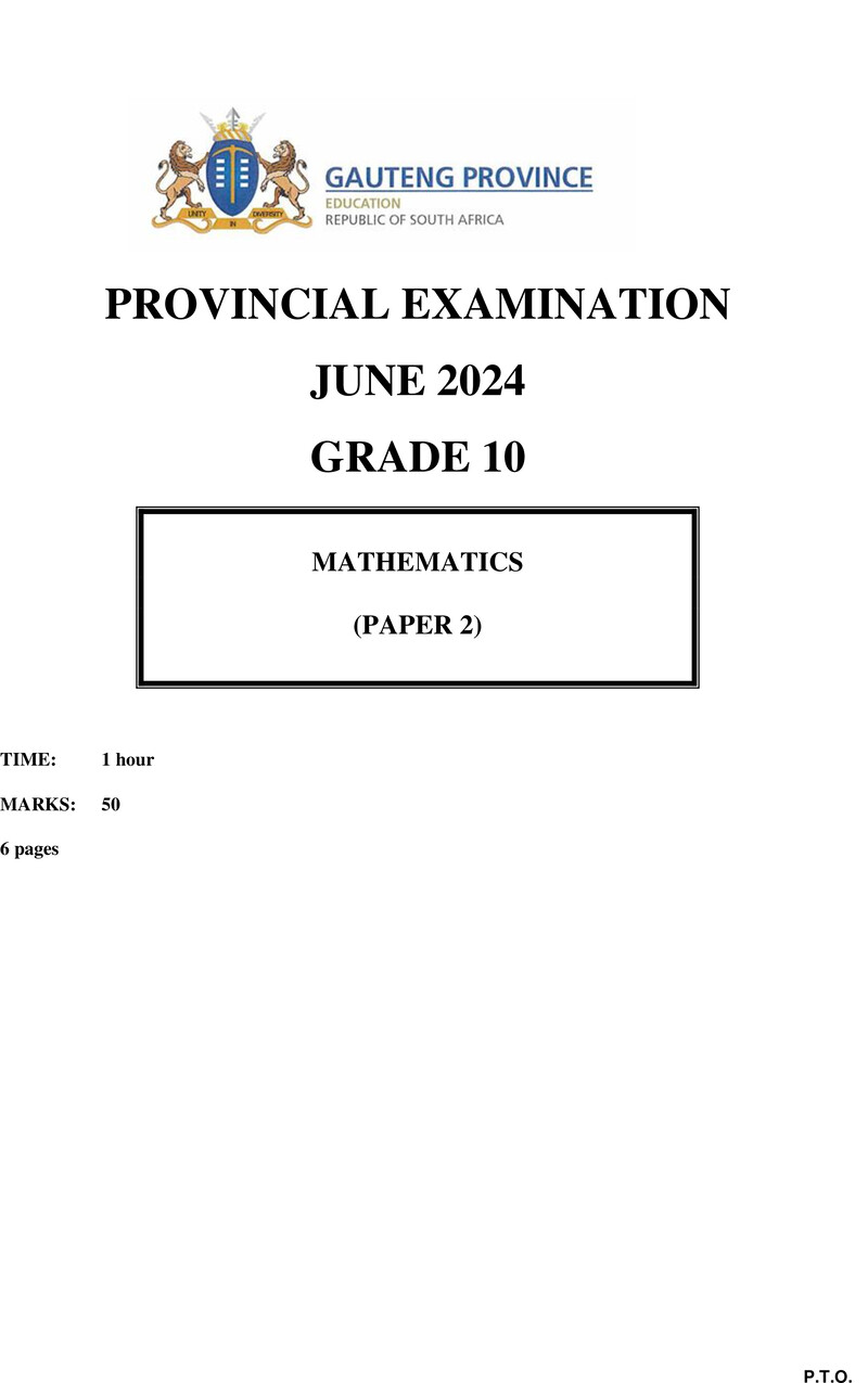 Grade 10 Provincial Exam Mathematics P2 Ng June 2024 QP