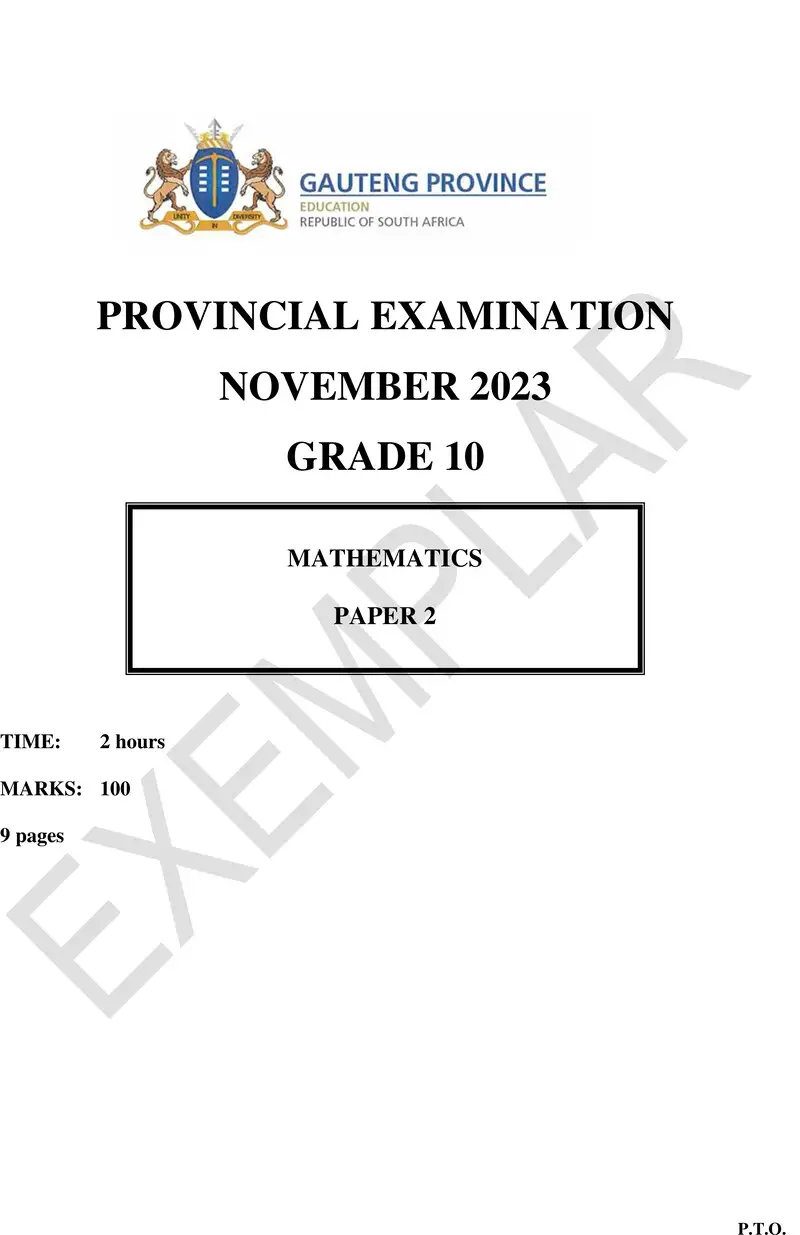 Grade 10 Mathematics past paper 2023 – grade 10 provincial exam mathematics p2 ng november 2023 qp