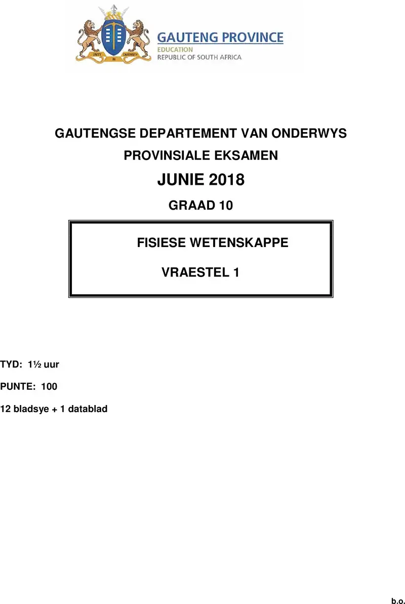Grade 10 Physical Sciences past paper 2018 – grade 10 provincial exam physical sciences p1 afr june 2018 qp