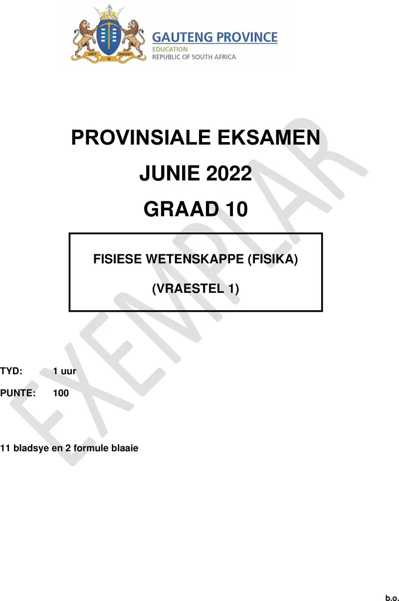 Grade 10 Physical Sciences past paper 2022 – grade 10 provincial exam physical sciences p1 afr june 2022 qp