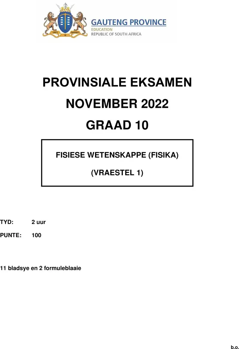 Grade 10 Physical Sciences past paper 2022 – grade 10 provincial exam physical sciences p1 afr november 2022 qp