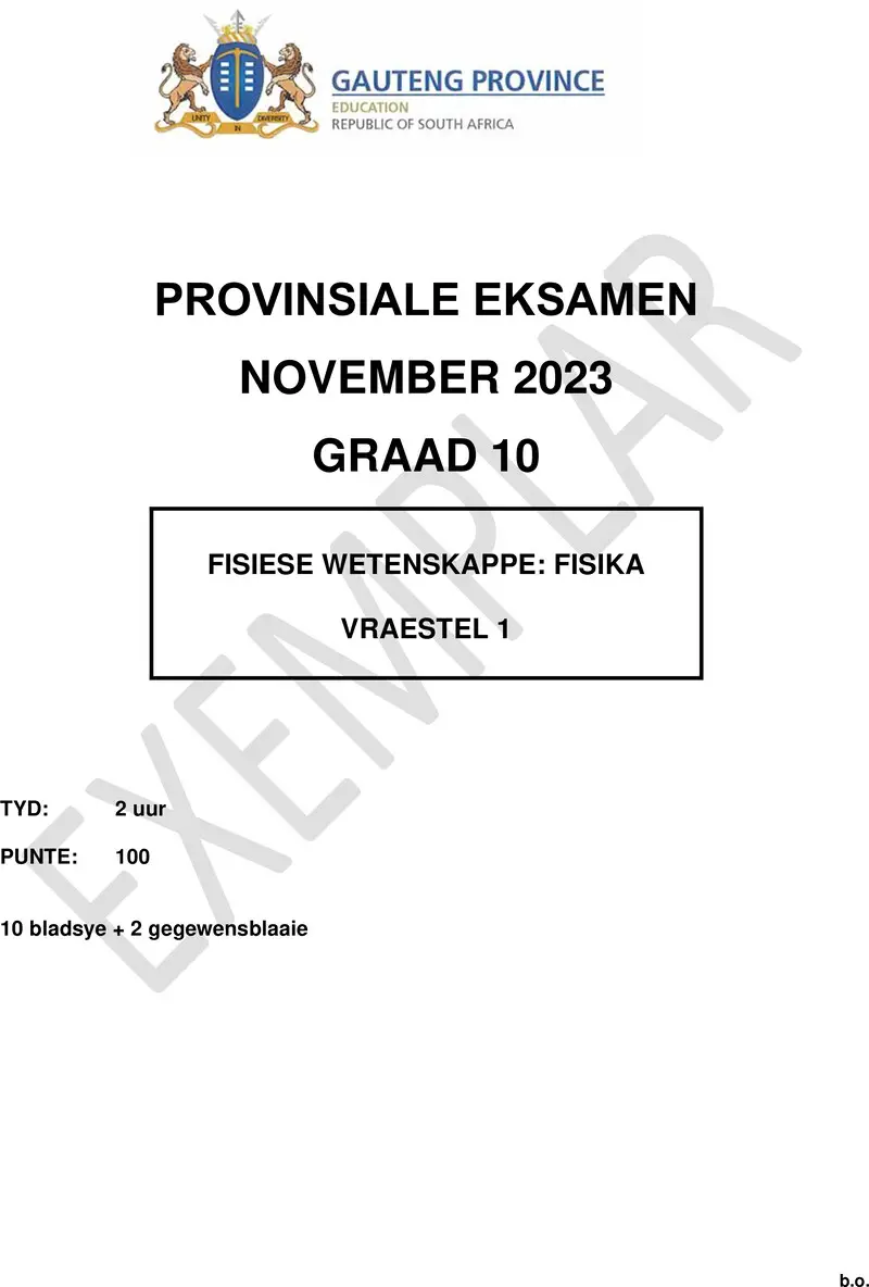Grade 10 Physical Sciences past paper 2023 – grade 10 provincial exam physical sciences p1 afr november 2023 qp