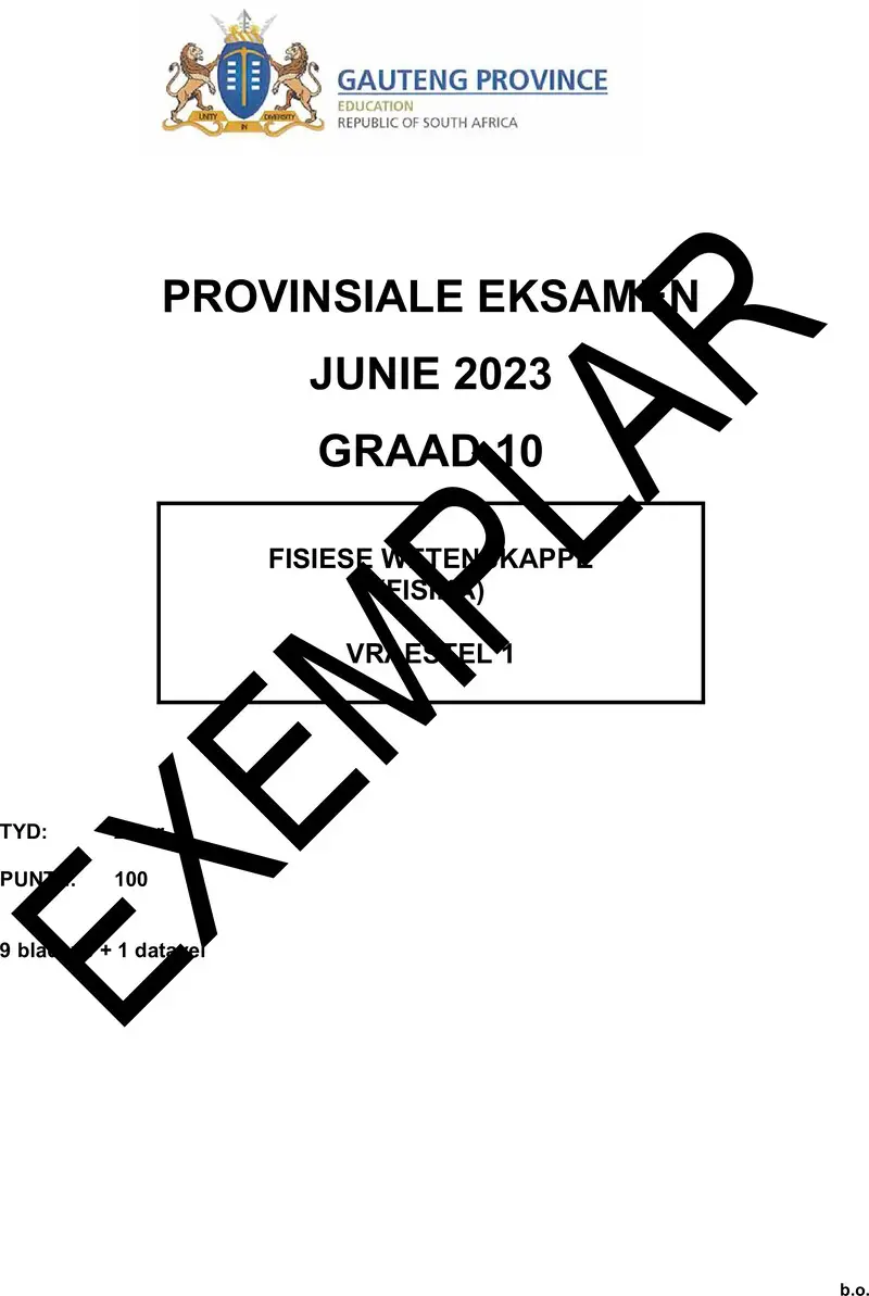 Grade 10 Provincial Exam Physical Sciences P1 Afr QP