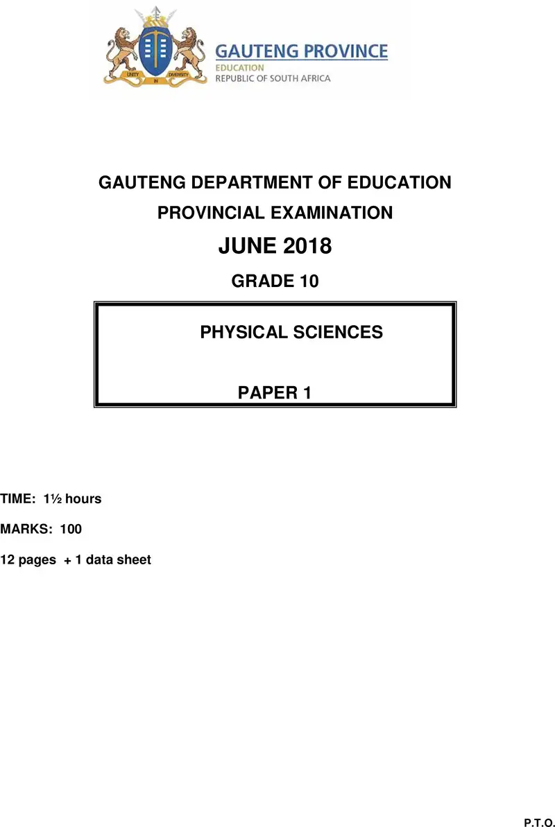 Grade 10 Provincial Exam Physical Sciences P1 Ng June 2018 QP