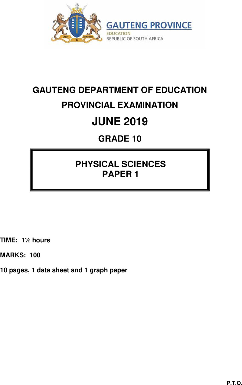 Grade 10 Provincial Exam Physical Sciences P1 Ng June 2019 QP