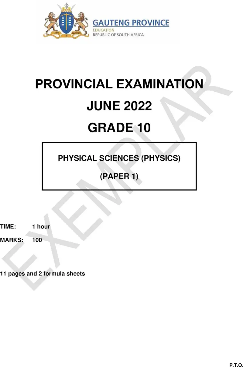 Grade 10 Provincial Exam Physical Sciences P1 Ng June 2022 QP