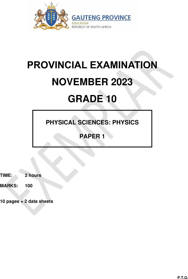 Grade 10 Physical Sciences past paper 2023 – grade 10 provincial exam physical sciences p1 ng november 2023 qp
